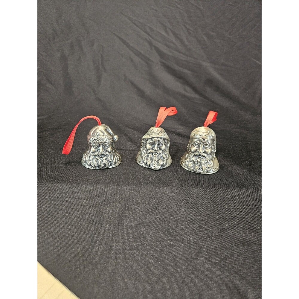 Set Of 3 Vintage Pewter 2.25" Christmas Bell Santa Clause Head Ornaments Taiwan